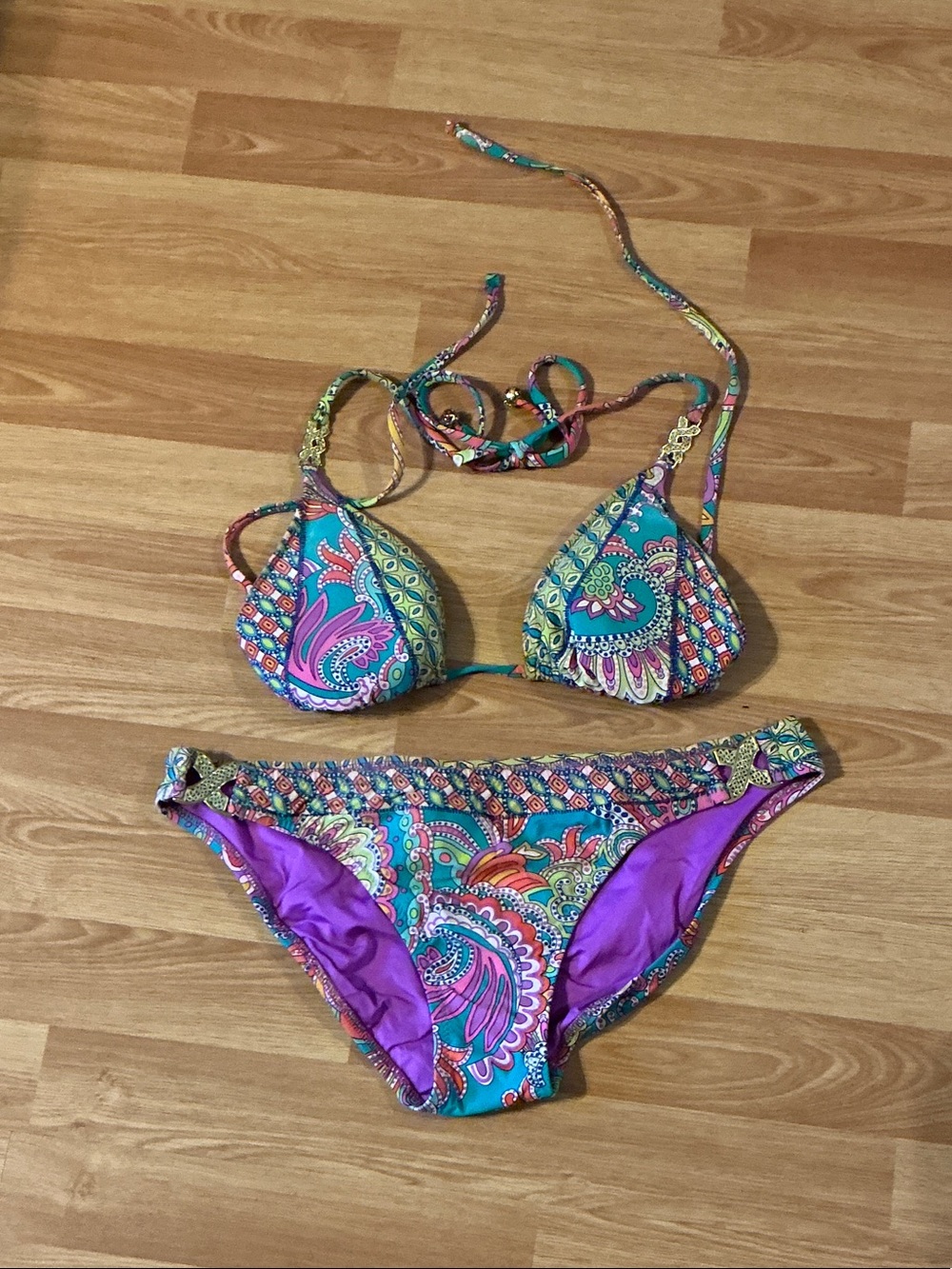 Trina Turk Teal Purple Pink Paisley Triangle Bikini